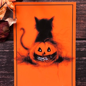 Vintage Halloween Pumpkin Cat- 5x7 Fine Art Print, Kartki świąteczne, Czary, Jack o Lantern, Samhain, Hallows Eve