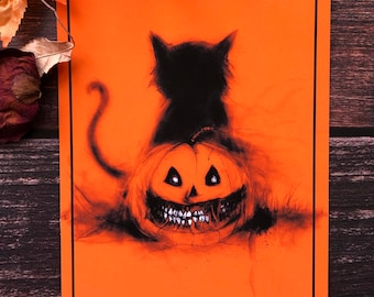Vintage Halloween Pumpkin Cat- 5x7 Fine Art Print, Holiday Cards, Witchcraft, Jack o Lantern, Samhain, Hallows Eve