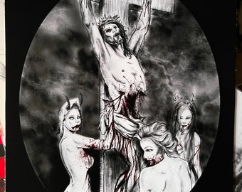 Christ on Cross-8x10 Art Print, Satanic Decor, Dark Aesthetic, Womens Appreciation, Occult Wall Hanging, Witchy Home, Unholy Blasphemy
