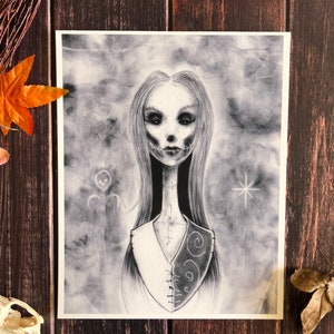 May include: A black and white drawing of a woman with long hair, stitched together, and a ghostly background.