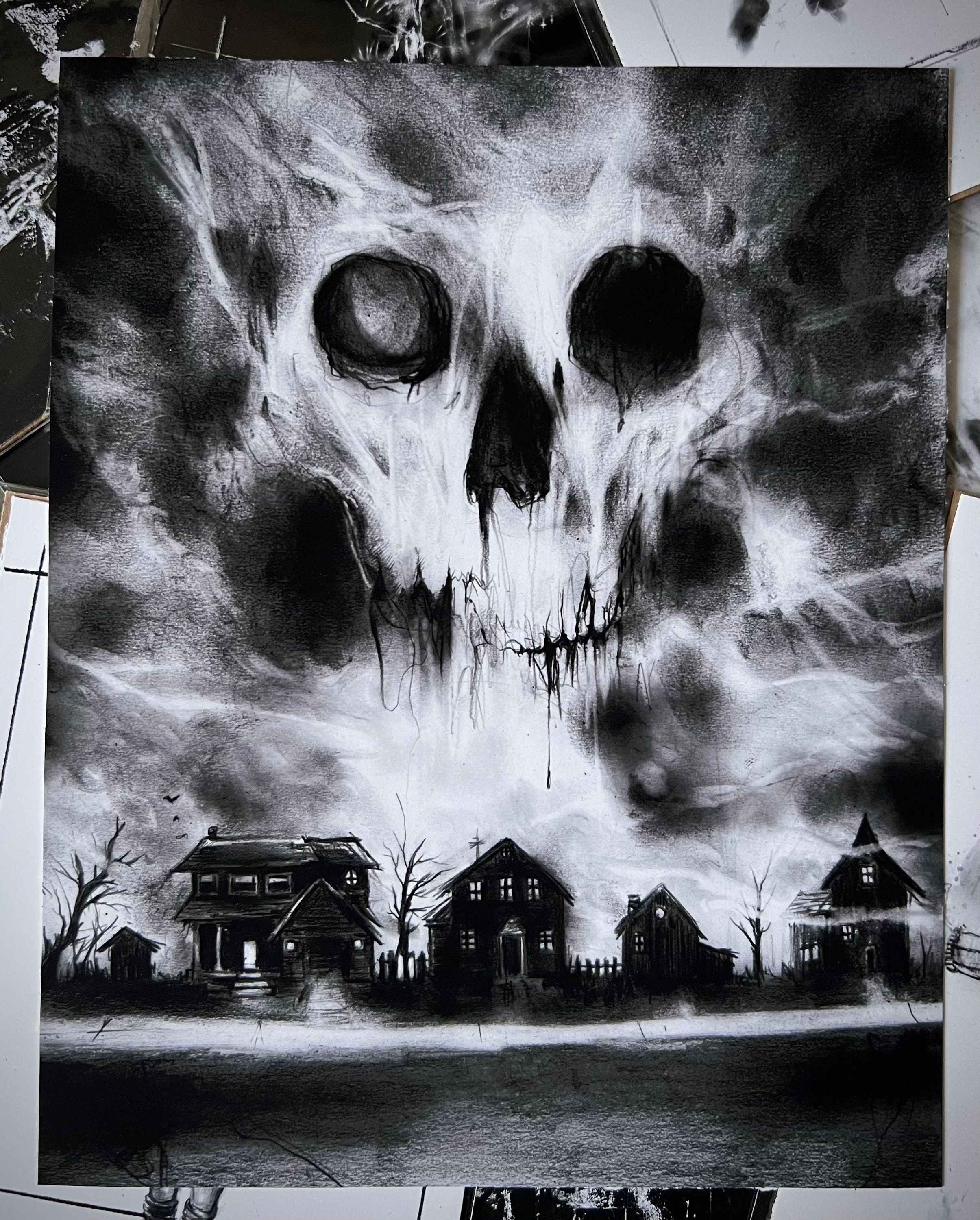 Dead Ends- 8x10 Fine Art print, Charcoal Portrait, Satanic Wall Hanging, Spooky Skull Poster, Occult wall decor, Witchy home decor