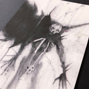 May include: A black and white watercolor painting of a skeletal figure with a skull-like head. The figure is surrounded by a dark, shadowy aura and appears to be reaching out with long, thin fingers.