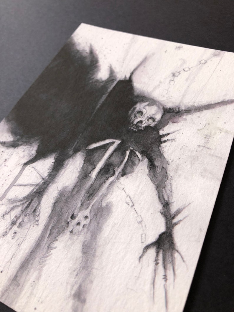 May include: A black and white watercolor painting of a skeletal figure with a skull-like head. The figure is surrounded by a dark, shadowy aura and appears to be reaching out with long, thin fingers.