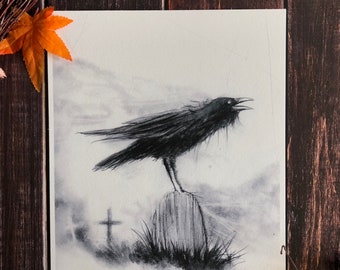 Death Omen Crow- Dark Artwork Print, Gothic Illustration, Witchy Wall Decor, Raven Skull