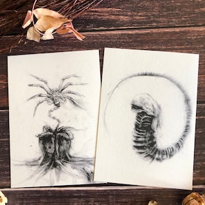 May include: Two black and white ink drawings on white paper. The drawing on the left is of a spider-like creature with long legs and a head with a mouth. The drawing on the right is of a long, thin creature with a head and a tail.