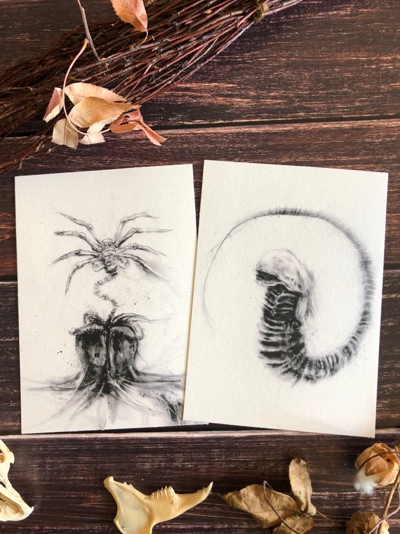 Aliens Xenomorph Print Bundle-Chestburster, Facehugger, Gothic Home Decor, Sci Fi Horror Movie Poster, Wall Art Print Collection
