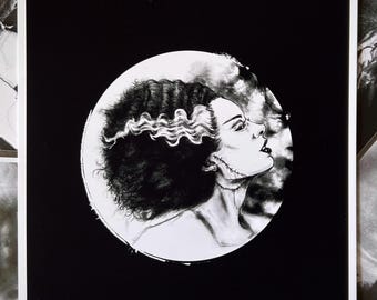 Lámina artística oscura de La novia de Frankenstein, póster de monstruos de Universal, decoración romántica gótica, estética de pared de película de terror