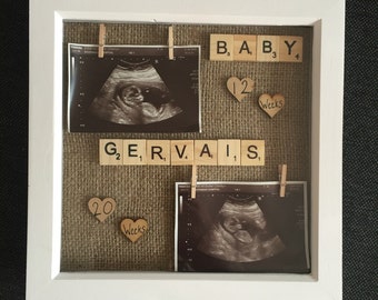 Baby scan frame 12 & 20 week | baby shower gift | new baby | keepsake | nursery room decor | box frame | hessian | neutral unisex present 4D