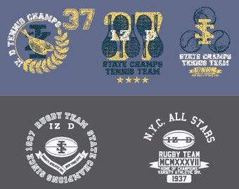 May include: A collection of vintage-style sports graphics featuring tennis, rugby, lacrosse, boxing, and hockey themes. Designs include text like IZ D, 37, State Champs, and N.Y.C. All Stars, with icons of rackets, balls, eagles, and a marlin on colored backgrounds.