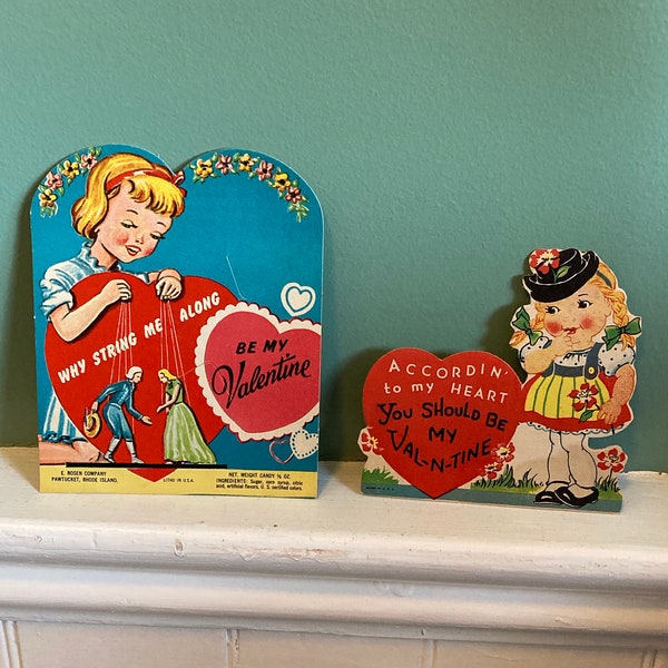 Rare Vintage Set of 2 Valentine Cards E. Rosen Pawtucket Rhode Island Candy Card Little Girl Puppets Vintage Valentines Day Greeting Unused
