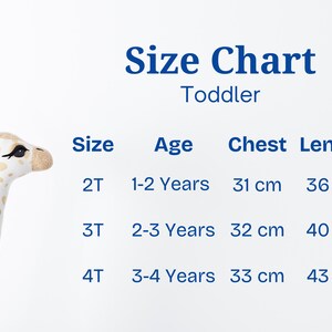 May include: Size chart for toddler clothing with measurements in centimeters. The chart shows sizes 2T, 3T, and 4T with corresponding age ranges and chest and length measurements.
