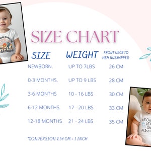 May include: Size chart for baby onesies with measurements in inches and pounds. The chart shows the size, weight, and front neck to hem unsnapped length for newborn to 12-18 months. The chart also includes a conversion for 2.54 cm = 1 inch.