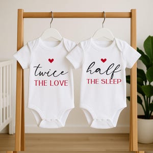 Set Of 2 Twin Baby Bodysuit - Half The Love Twice The Sleep - Twins Baby Shower Gift - Neutral Twin Bodysuit