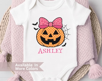 Girls Halloween Pumpkin Bodysuit With Name - Personalized Toddler Girl Fall Shirt