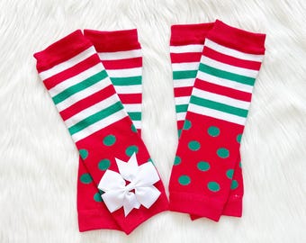Christmas Baby Leg Warmers - Red And Green - Optional Bow