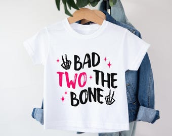 Bad Two The Bone 2nd Birthday Girl Shirt With Rock On Skeleton