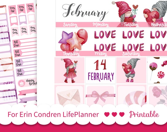 February monthly printable planner stickers cute love gnome | Etsy