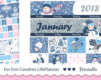 JANUARY MONTHLY KIT Printable planner stickers Monthly stickers Winter monthly view fits for Erin Condren 2019 planner