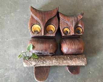 Vintage Retro Style Wood Carved Owl Family on a Limb Wall Hanging MCM Folk Art