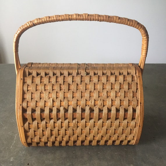 Vintage Wicker Basket Wood Sided Boho Basket Bag … - image 3