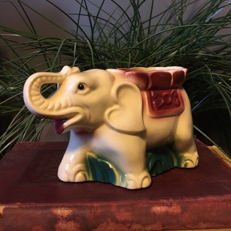 Vintage Cream Elephant Planter Burgundy and Green Mid Century