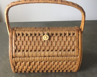 Vintage Wicker Basket Wood Sided Boho Basket Bag Purse