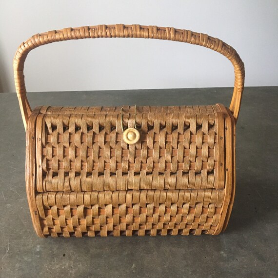 Vintage Wicker Basket Wood Sided Boho Basket Bag … - image 1