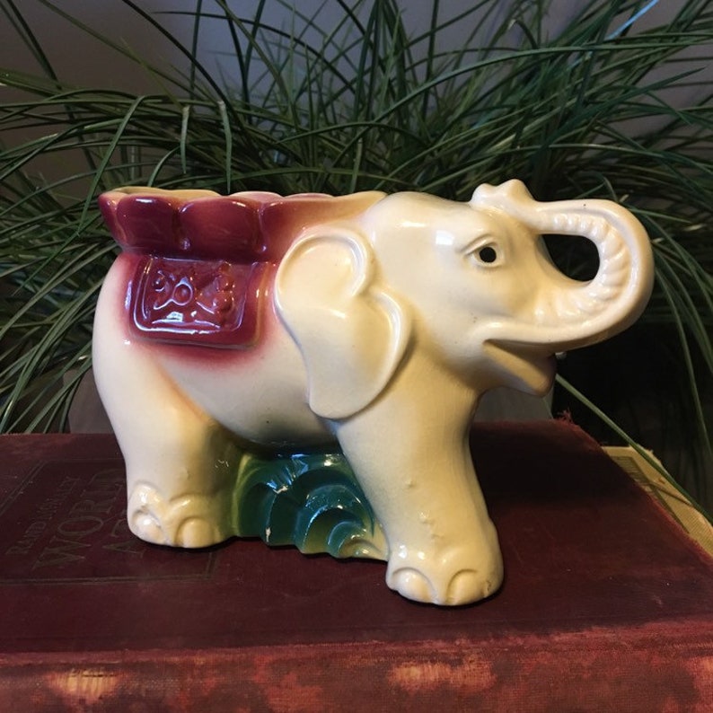 Vintage Cream Elephant Planter Burgundy and Green Mid Century