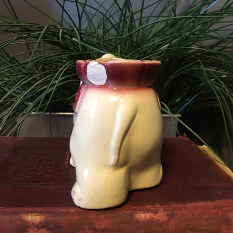 Vintage Cream Elephant Planter Burgundy and Green Mid Century