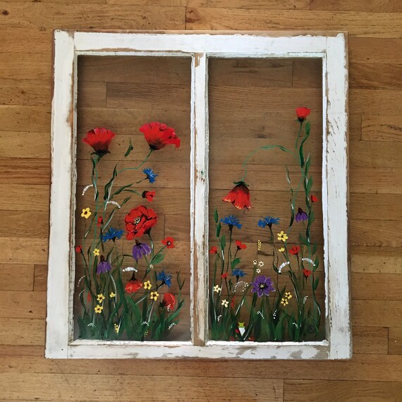 Vintage Hand Painted Two Pane Glass Window Wildflowers Hiding Etsy