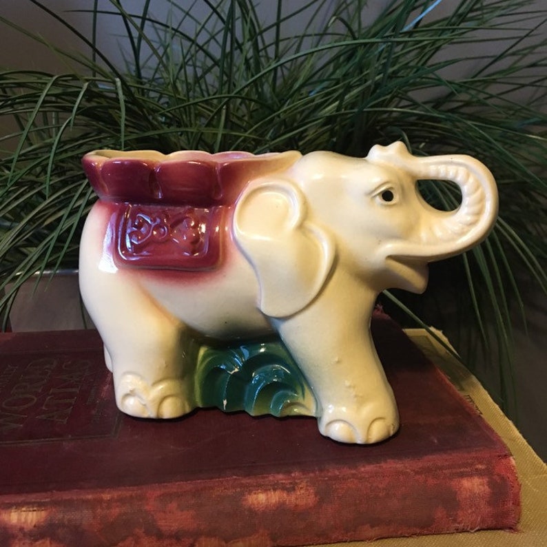 Vintage Cream Elephant Planter Burgundy and Green Mid Century