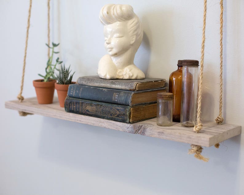 Reclaimed Whitewashed Lumber Adjustable Rope Hanging Shelf Etsy