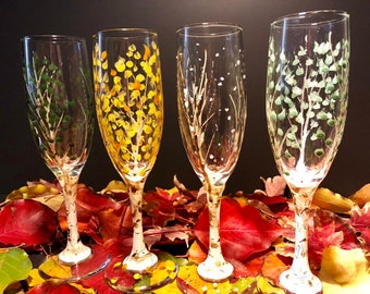 Set of 4 Aspen Tree Champagne Glasses ~ Hand Painted ~ Four Seasons-  ON SALE NOW