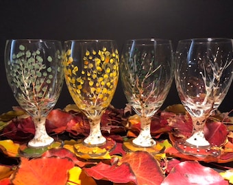 Set of 4 Aspen Tree Goblet Glasses ~ Hand Painted ~ Four Seasons -ON SALE NOW