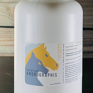 May include: White plastic bottle with a label featuring a yellow and blue horse illustration. The label reads "Capsules Andrographis" and "Susquehanna Botanicals". The bottle contains Andrographis Paniculata Leaf, 450mg per capsule. Store in a cool dry place.