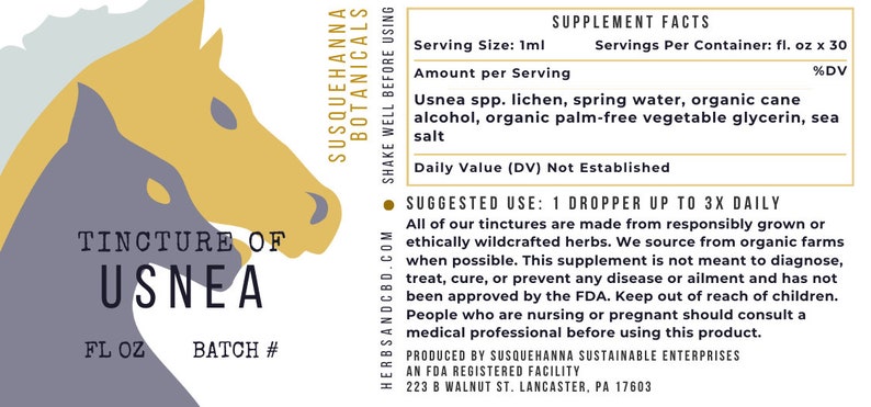 May include: A product label for Susquehanna Botanicals Tincture of Usnea. The label features a stylized illustration of two horse heads in yellow and gray. The label includes supplement facts and usage instructions.