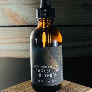 May include: A brown glass bottle with a black dropper top. The bottle is labeled "Mushroom Tincture Cracked Cap Polypore" and "FL OZ Batch #".