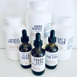 May include: Three white plastic bottles of capsules labeled Japanese Knotweed, Andrographis, and Cat's Claw, alongside three amber glass dropper bottles of Eleuthero, Cordyceps, and Gou Teng tinctures, all from Susquehanna Botanicals.