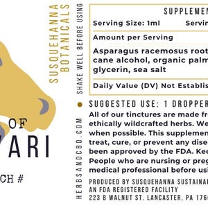 May include: A yellow and purple illustration of a horse's head with the text "Tincture of Shatavari" and "FL OZ BATCH #". The label also includes supplement facts, ingredients, suggested use, and information about the product being made by Susquehanna Sustainable Enterprises.