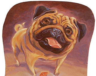 May include: A painting of a pug dog with a party hat and a drink. The dog is smiling and has its tongue sticking out. The text "Party Pug" is written below the dog.