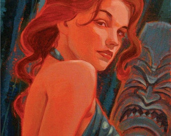 May include: A painting of a woman with red hair wearing a blue and white polka dot dress. She is looking over her shoulder and smiling. A tiki mask is visible in the background.