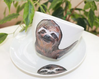 Coffee cup sauser set Espresso cup set Cappuccino cup set Handmade pottery Sloth coffee cup Unique coffee set