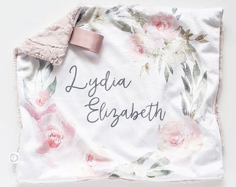 Personalized Watercolor Floral Wreath Lovey, Minky Lovey, Faux Fur Lovey, Floral Lovey, Blush Lovey, Girl Lovey, Personalized Lovey, Grey