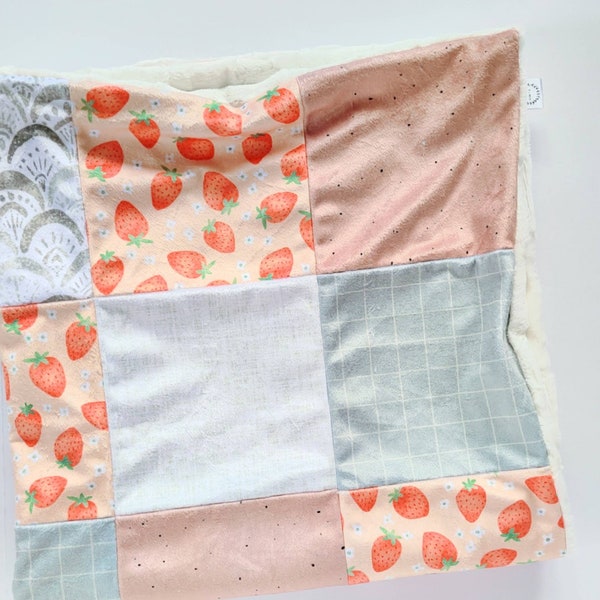 Introducing "Mae" Pieced Baby Blanket, Minky Baby Blanket,  Honey Bee Blanket, Strawberry Blanket, Almond, Grey, Salmon, Coral, Ivory, Linen