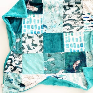Introducing &quot;Eric&quot; Pieced Baby Blanket, Minky Baby Blanket, Faux Fur Baby Blanket, Teal Baby Blanket, Nautical Blanket, Whale Blanket, Waves