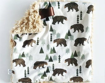 Woodland Bears & Stars Lovey, Bears Lovey, Minky Lovey, Faux Fur Lovey, Woodland Lovey, Boy Lovey, Pine Tree Lovey, Brown Lovey