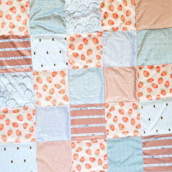 PRE ORDER Introducing "Mae" Pieced Baby Blanket, Minky Baby Blanket,  Honey Bee Blanket, Strawberry Blanket, Almond, Grey, Salmon