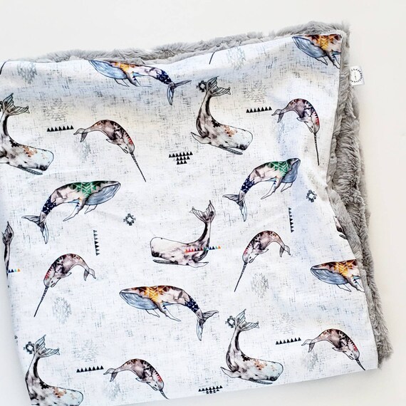 Narwhal Baby Blanket Minky Baby Blanket Grey Blanket Blue Blanket Girl Baby Blanket Boy Blanket Neutral Blanket Whale Baby Blanket Etsy