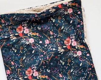 Teal Floral Baby Blanket, Floral Baby Blanket, Minky Baby Blanket, Faux Fur Baby Blanket, Girl Baby Blanket, Linen Floral, Vintage, Whispy