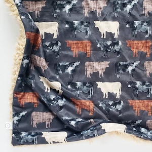 Cow Baby Blanket, Minky Baby Blanket, Faux Fur Baby Blanket, Boy Blanket, Cattle Blanket, Farm Baby Blanket, Harvest, Linen, Black, Moo